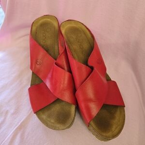 Yokono Red Leather Slip On Cork Wedge Comfort Sandals